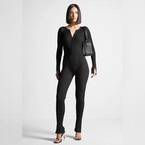Knitted two tone jumpsuit with belt Black